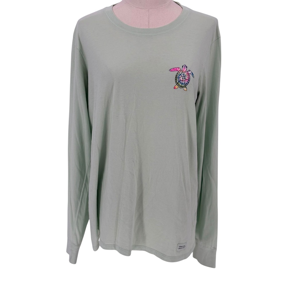 Life is Good Crusher-Lite Tee Sage Green Tie Dye Turtle 100% Cotton Large